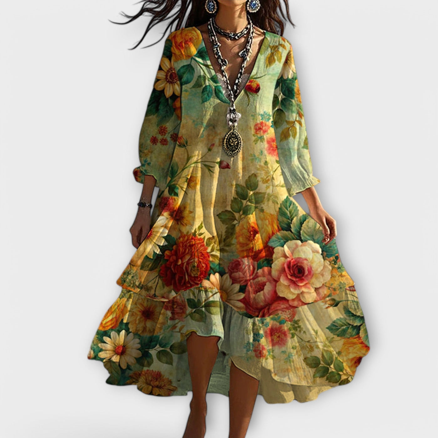 Marina - Vintage Boho Bloemenpatroon V-hals Jurk